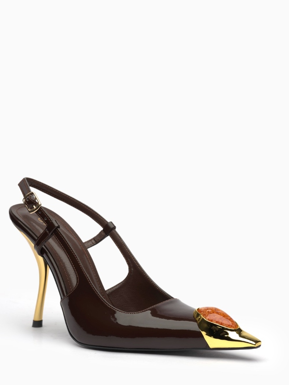 Regina Patent Leather Heels: Mirror-Gold Toe Cap, Cabochon Stone, Blade Heel